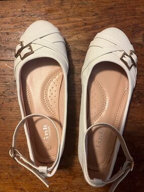 Link White Ankle-Strap Ballet Flats with Gold Buckles